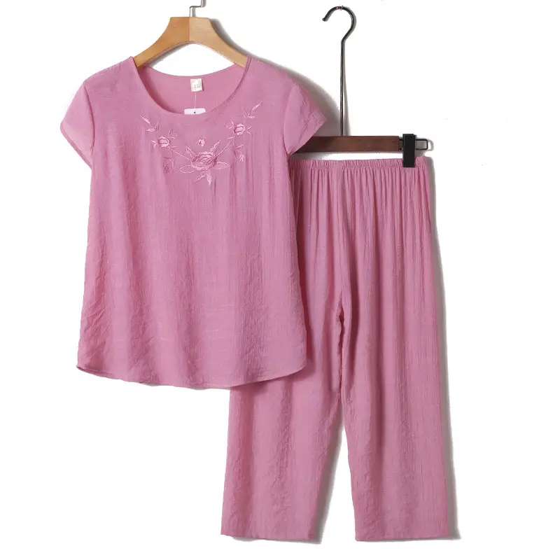 Middle-Aged Women Cotton Linen Pajama Set Pink