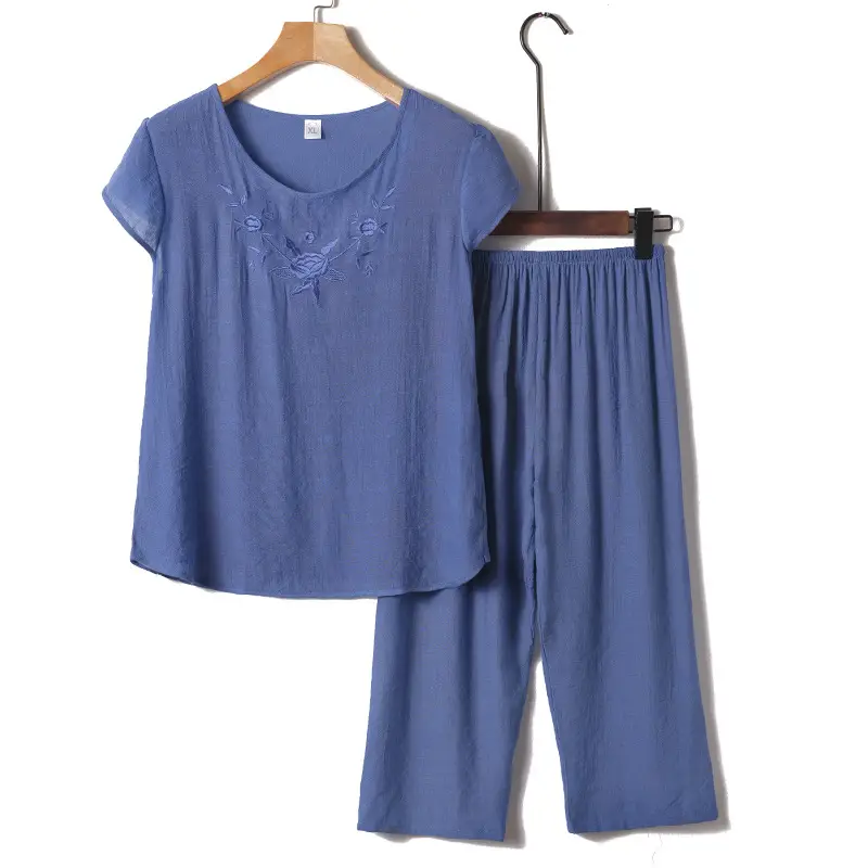 Middle-Aged Women Cotton Linen Pajama Set Pink