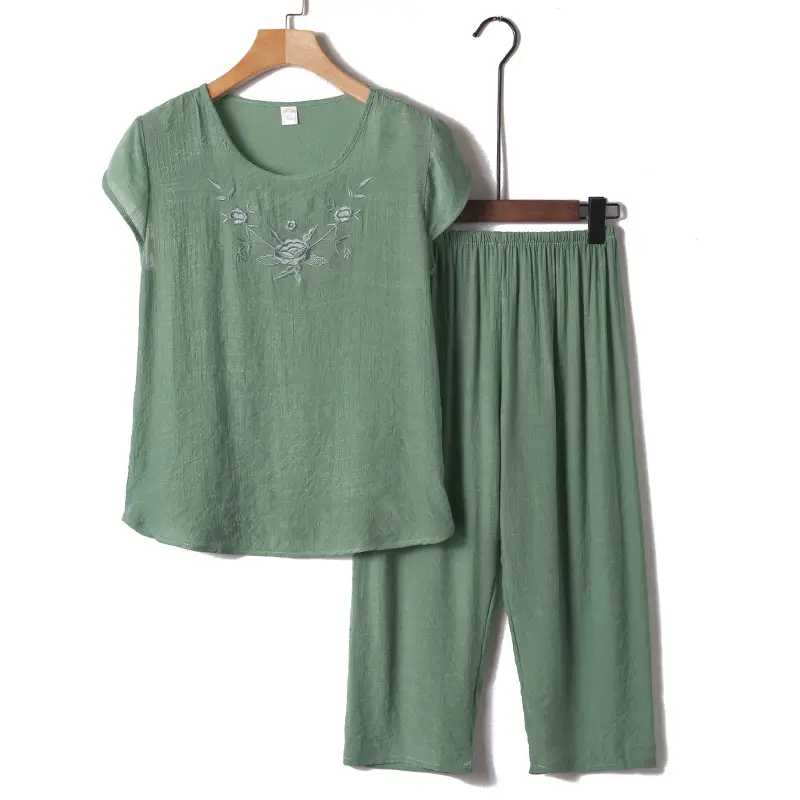 Middle-Aged Women Cotton Linen Pajama Set Pink