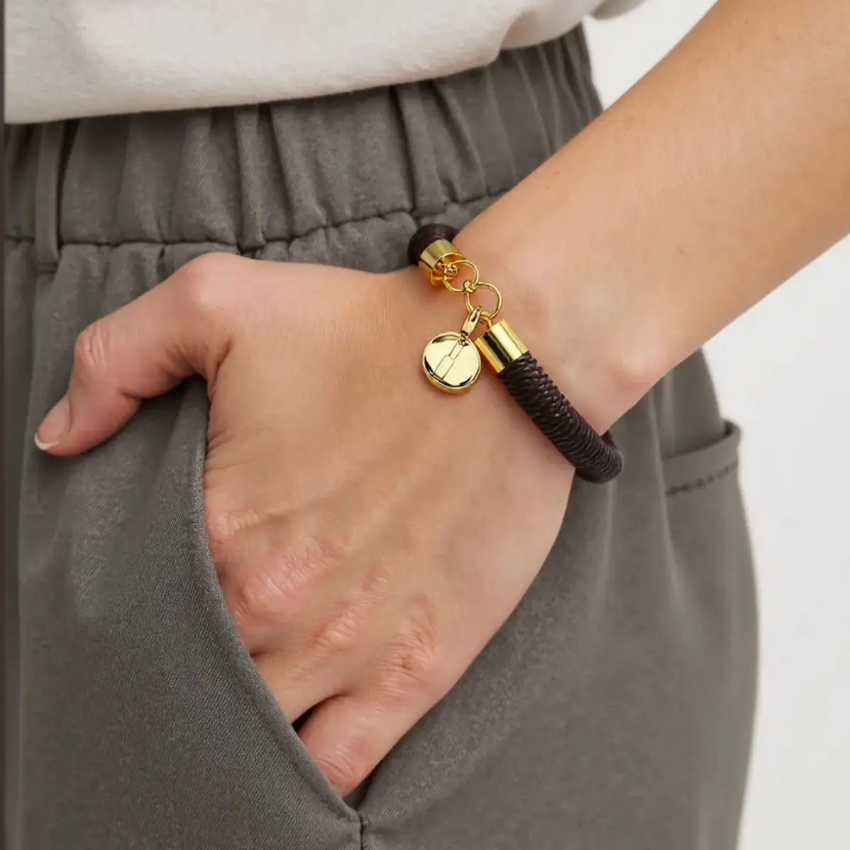 Gold Plated Leather Striped Commuter Bracelet with Charm