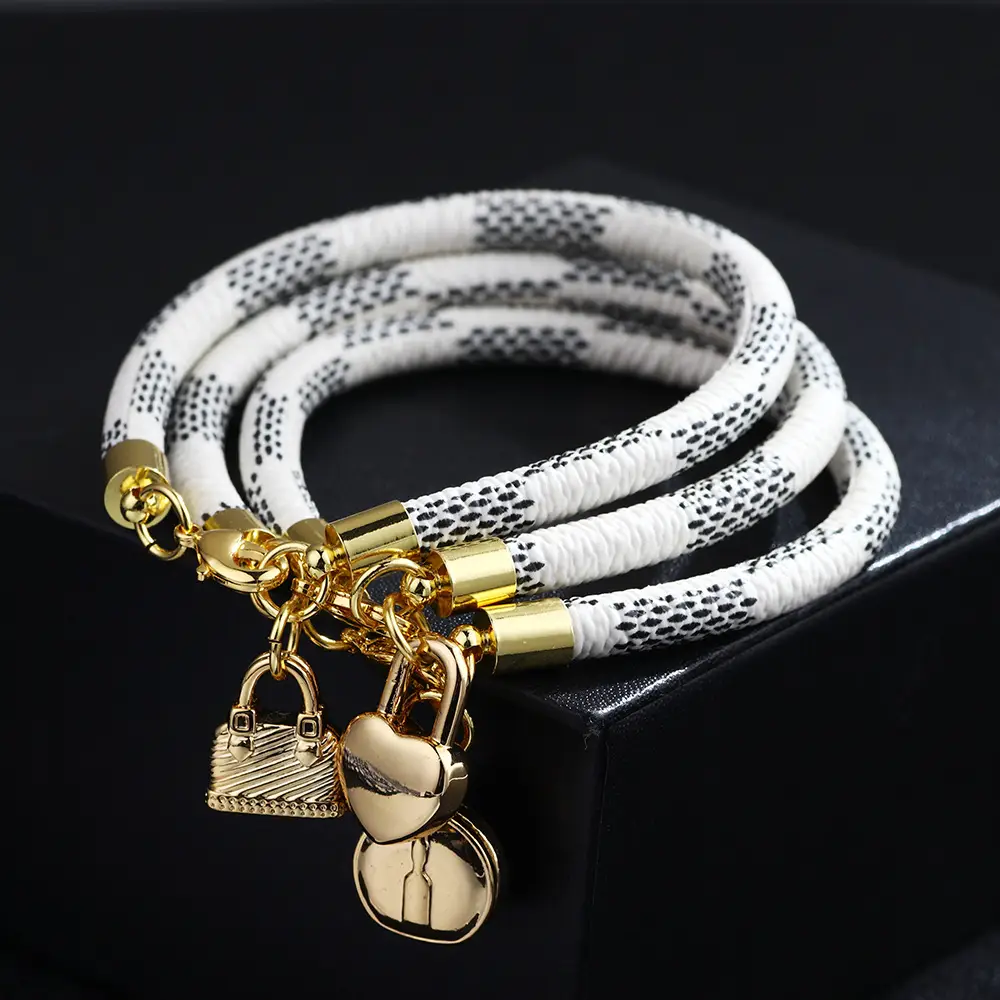 Gold Plated Leather Striped Commuter Bracelet with Charm