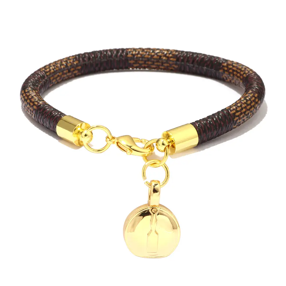 Gold Plated Leather Striped Commuter Bracelet with Charm