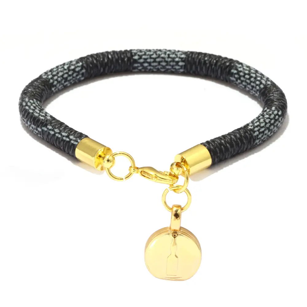 Gold Plated Leather Striped Commuter Bracelet with Charm