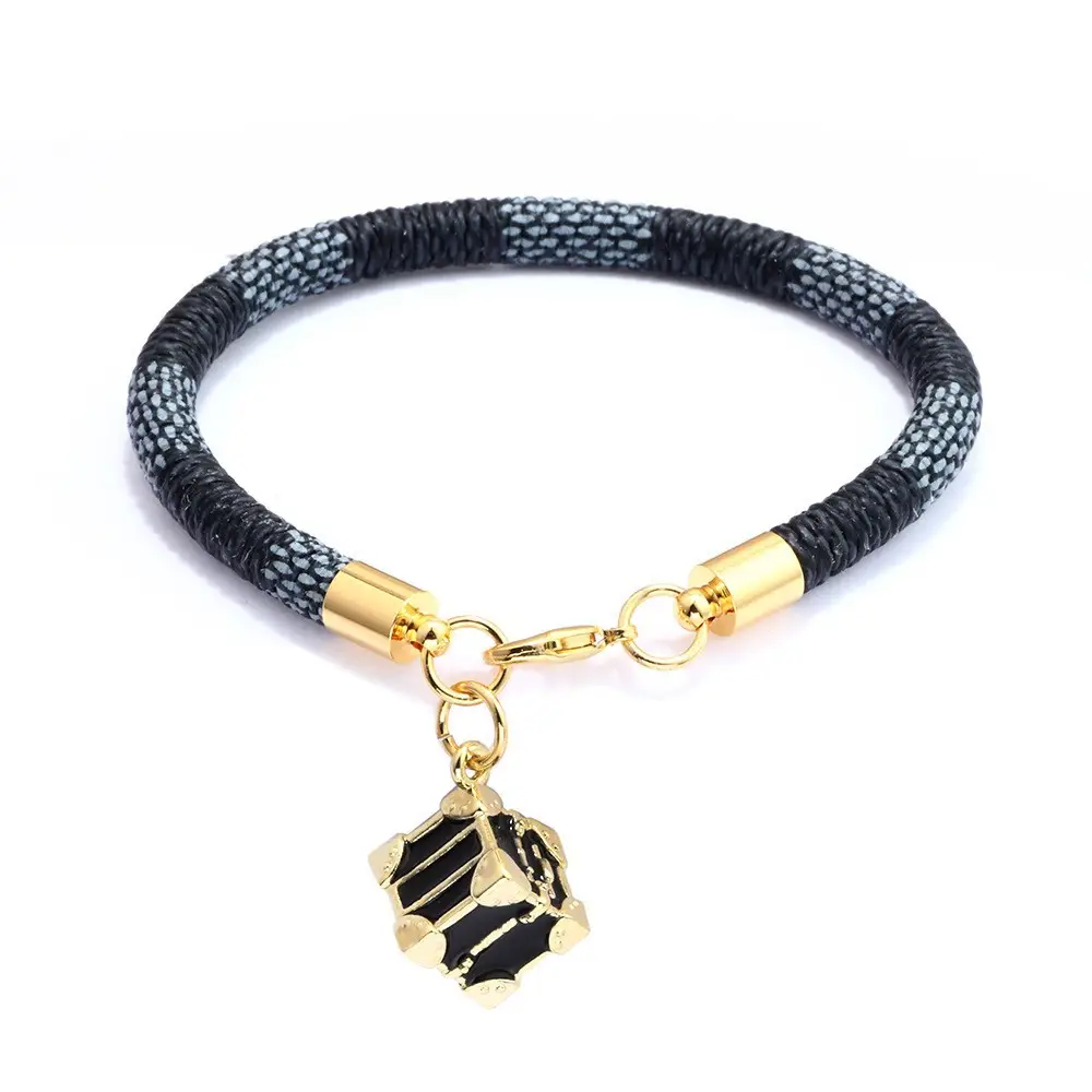 Gold Plated Leather Striped Commuter Bracelet with Charm