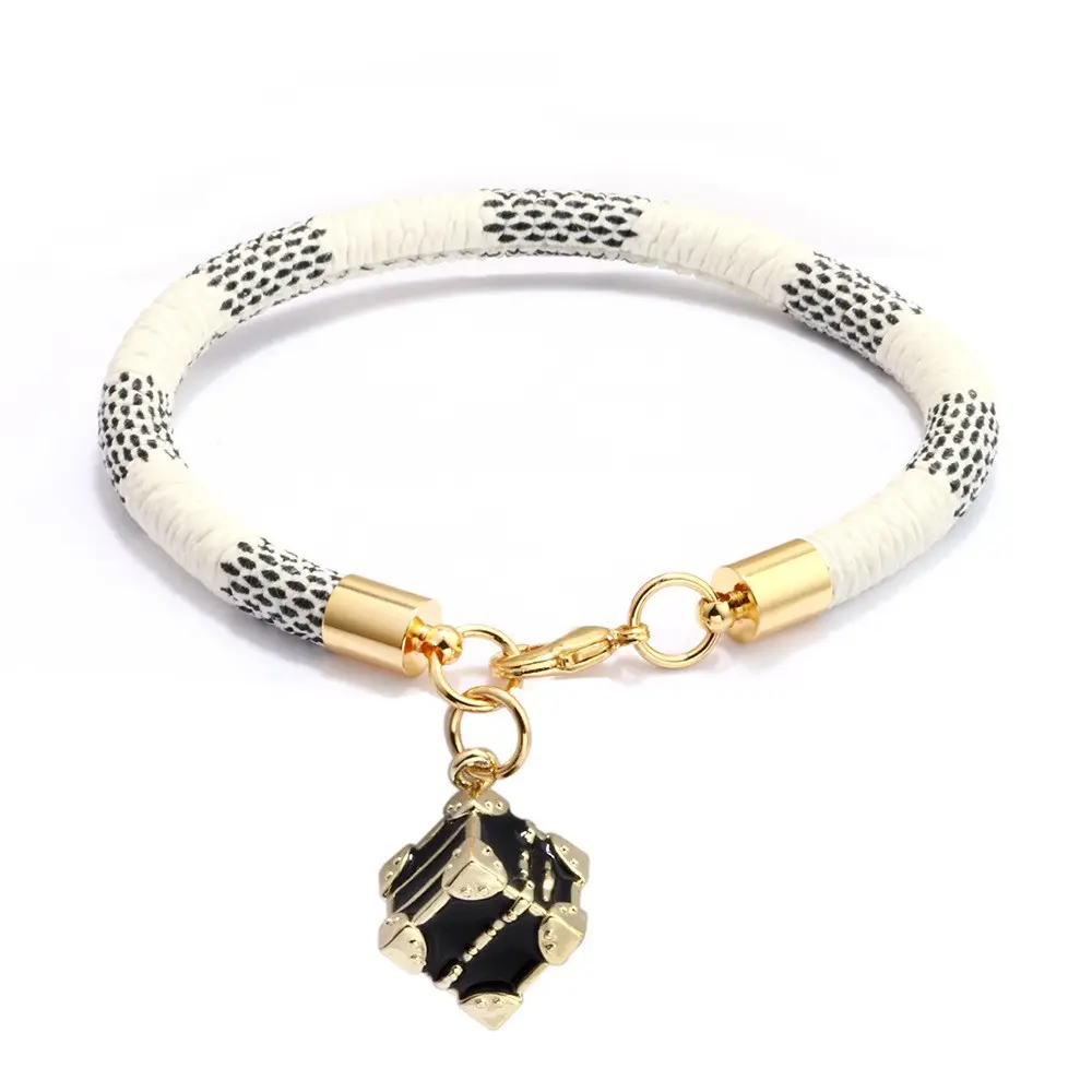 Gold Plated Leather Striped Commuter Bracelet with Charm