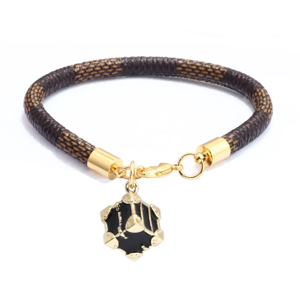 Gold Plated Leather Striped Commuter Bracelet with Charm