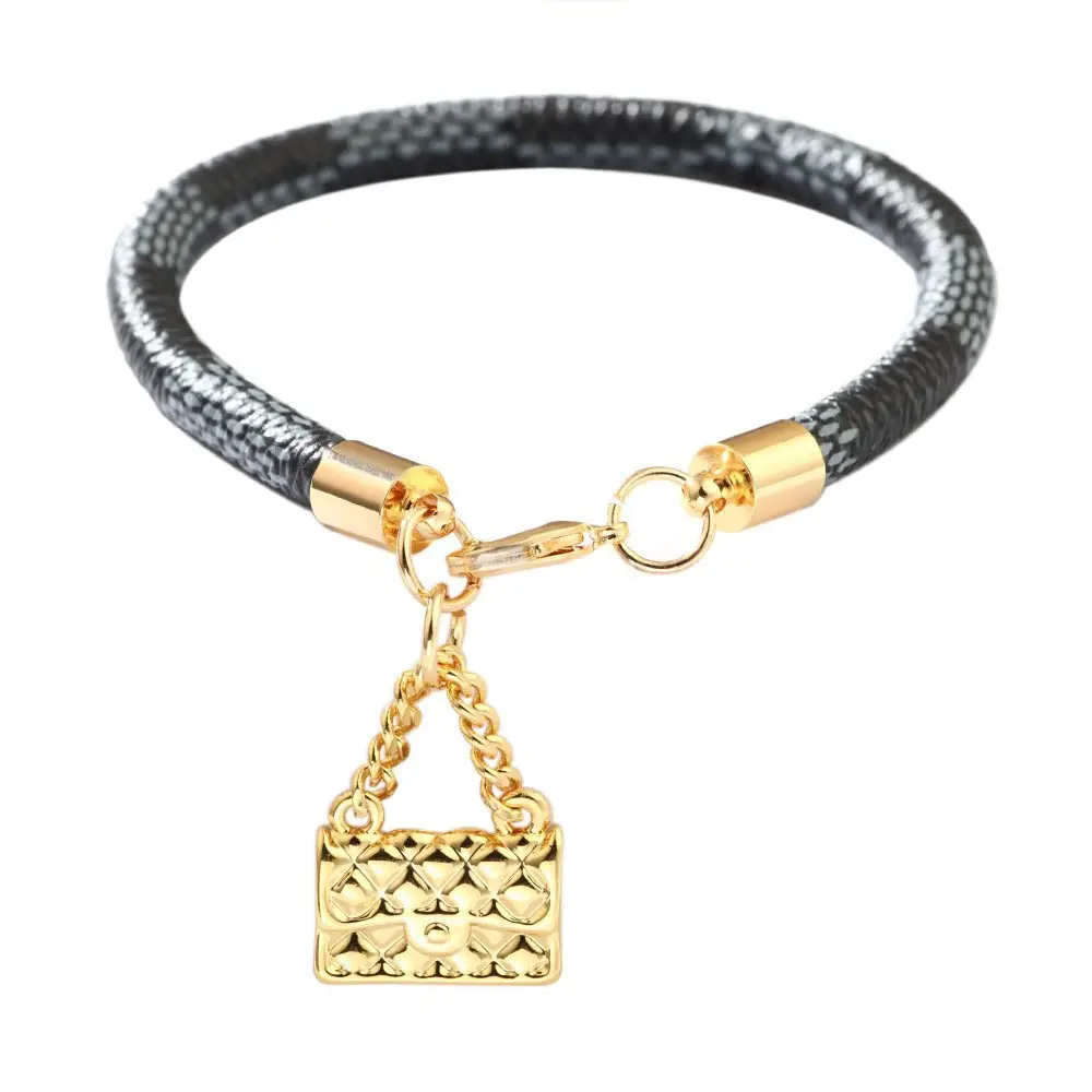 Gold Plated Leather Striped Commuter Bracelet with Charm