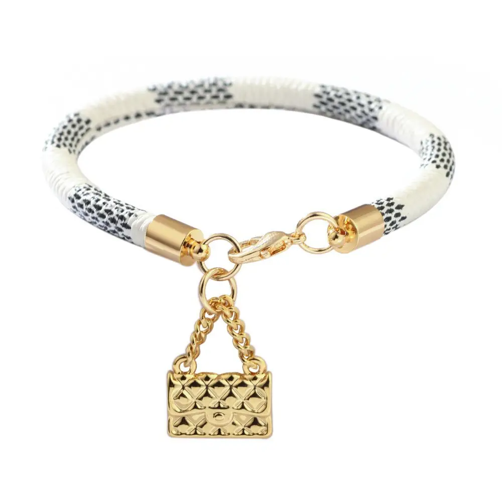 Gold Plated Leather Striped Commuter Bracelet with Charm