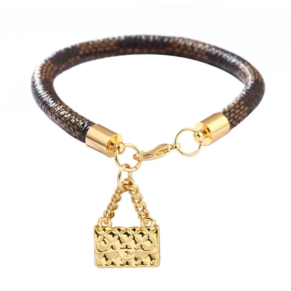 Gold Plated Leather Striped Commuter Bracelet with Charm