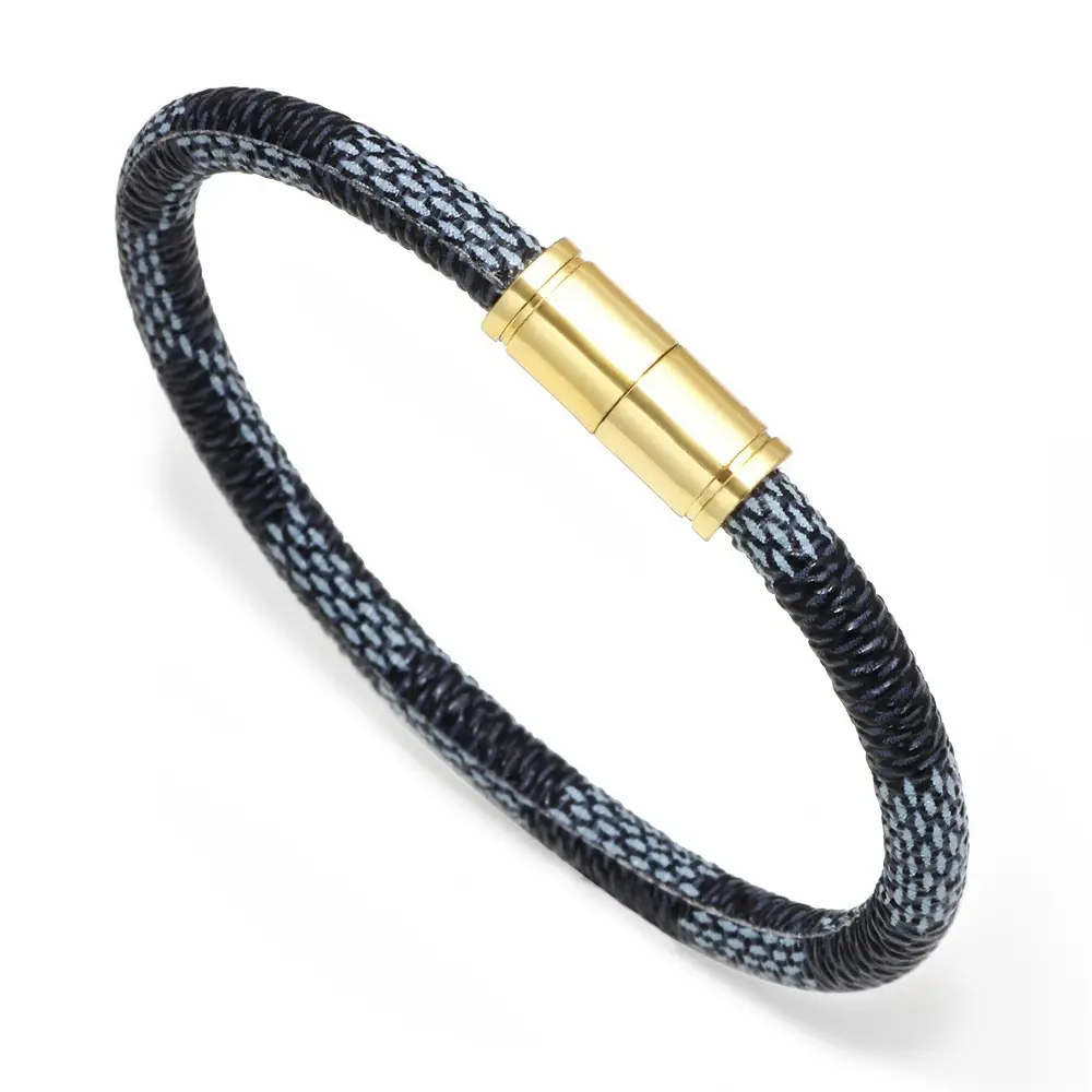 Gold Plated Leather Striped Commuter Bracelet with Charm