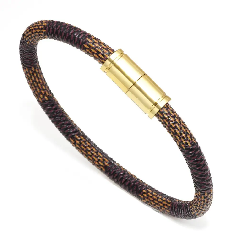 Gold Plated Leather Striped Commuter Bracelet with Charm