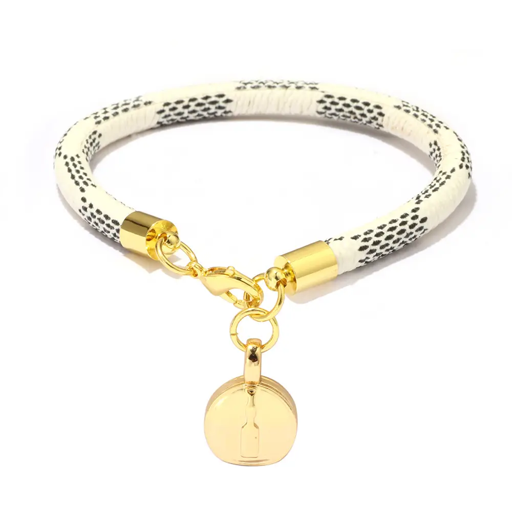 Gold Plated Leather Striped Commuter Bracelet with Charm