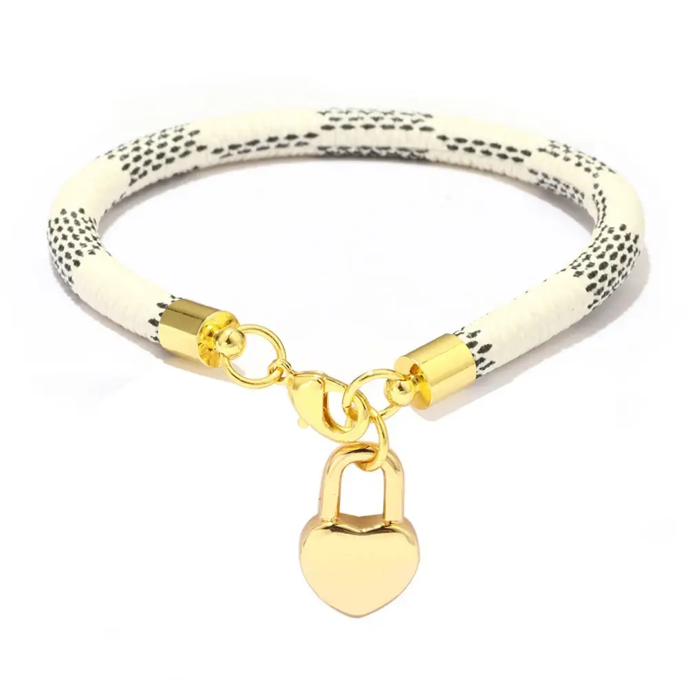 Gold Plated Leather Striped Commuter Bracelet with Charm