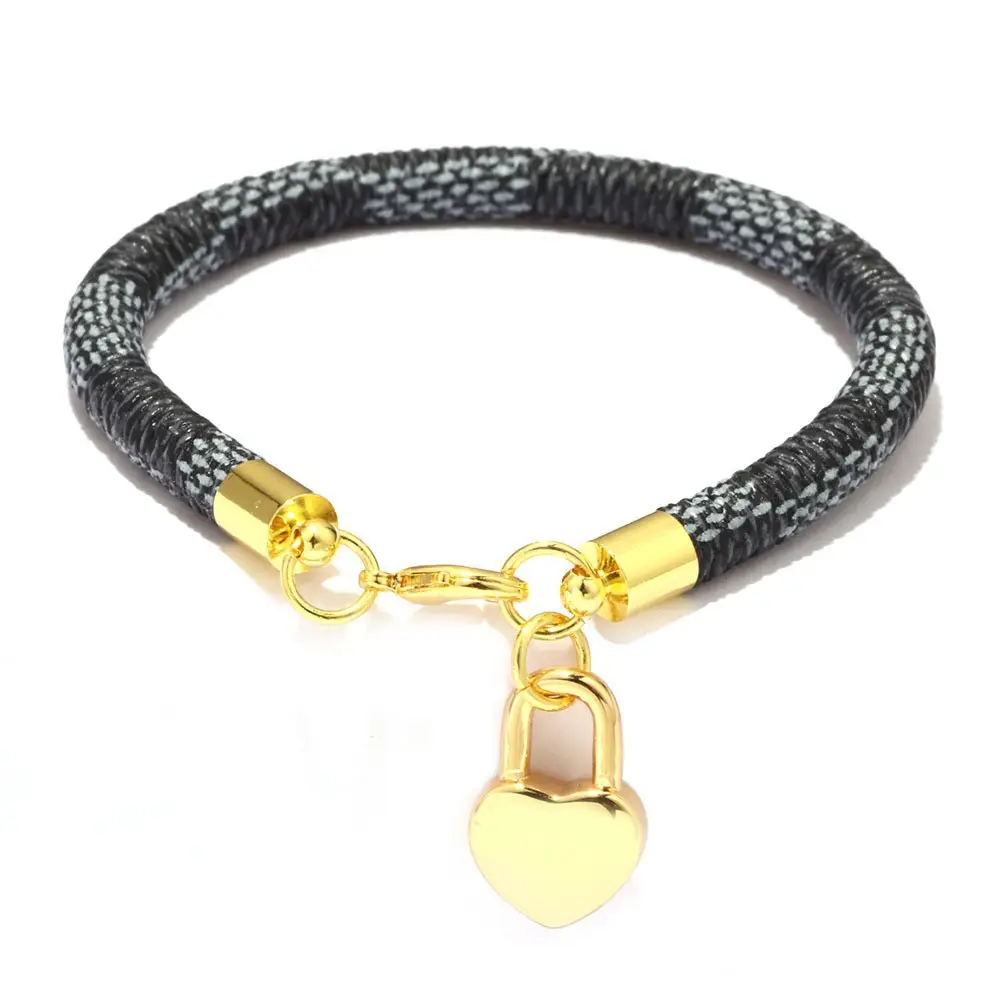 Gold Plated Leather Striped Commuter Bracelet with Charm