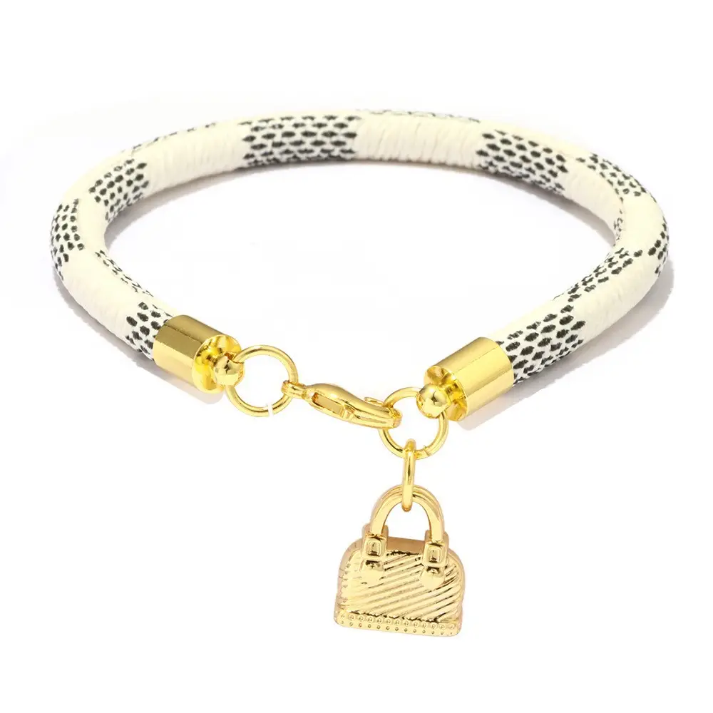 Gold Plated Leather Striped Commuter Bracelet with Charm