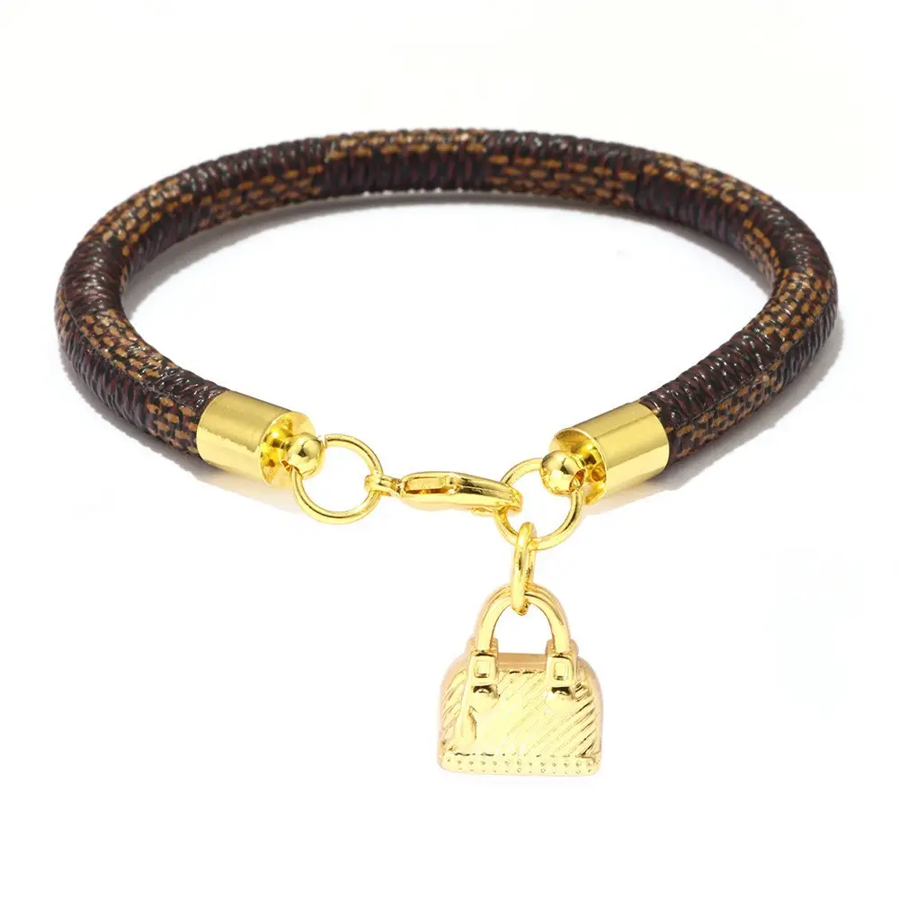 Gold Plated Leather Striped Commuter Bracelet with Charm
