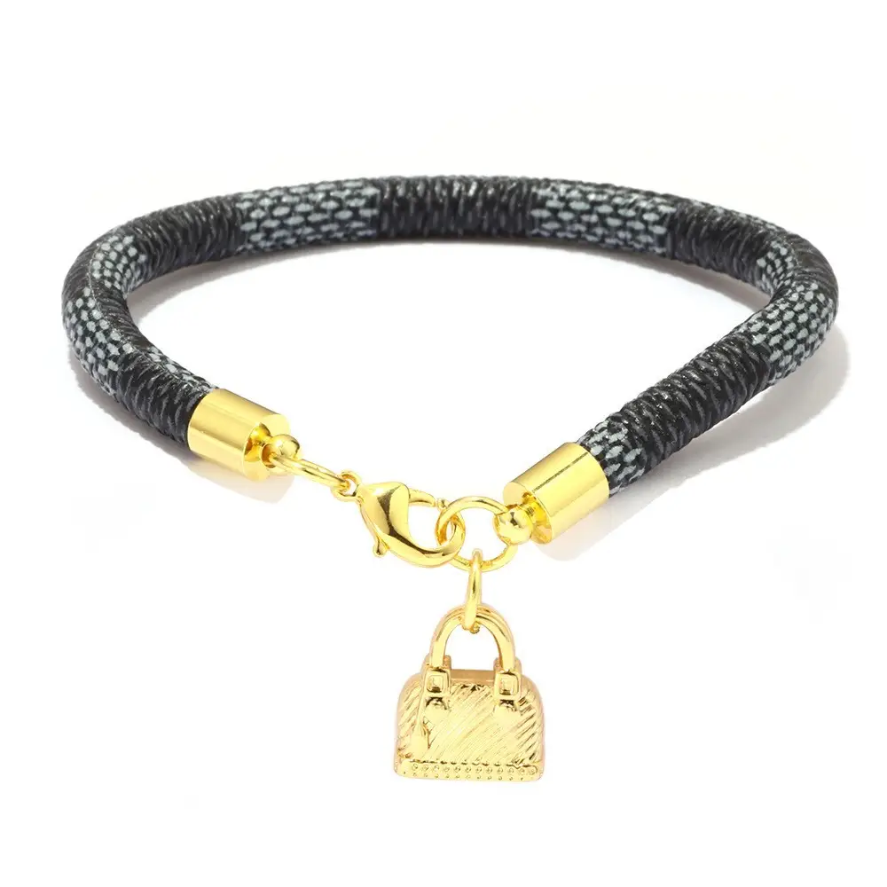 Gold Plated Leather Striped Commuter Bracelet with Charm