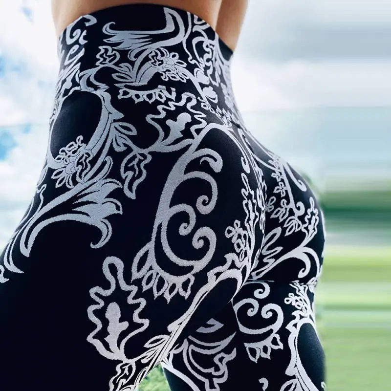 Women Printed Sports Leggings Black White Stretch Yoga Pants - Image 2