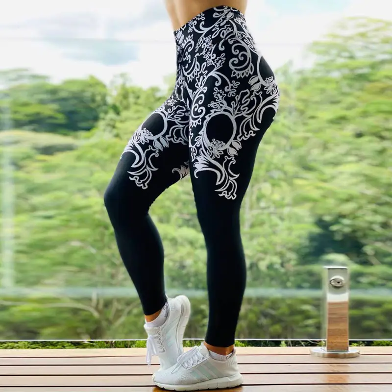 Women Printed Sports Leggings Black White Stretch Yoga Pants - Image 4