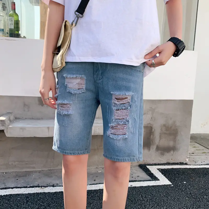 2022 Men's Ripped Denim Shorts SZ Studio Washed - Image 4