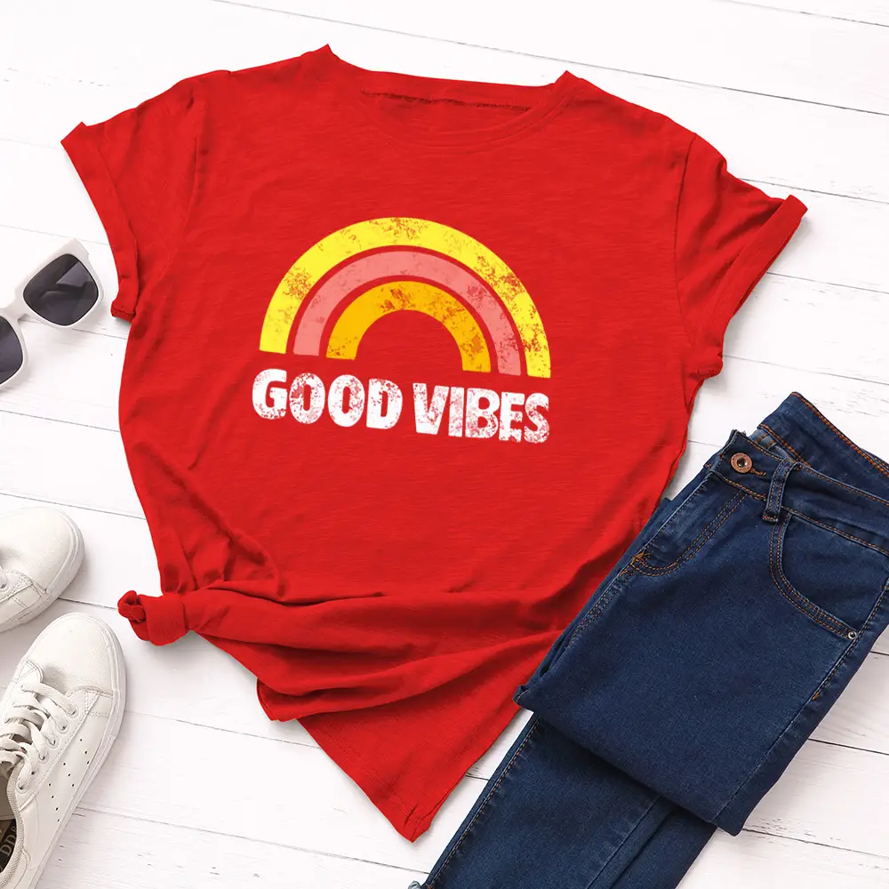 Women Grey T-Shirt Good Vibes Rainbow Print