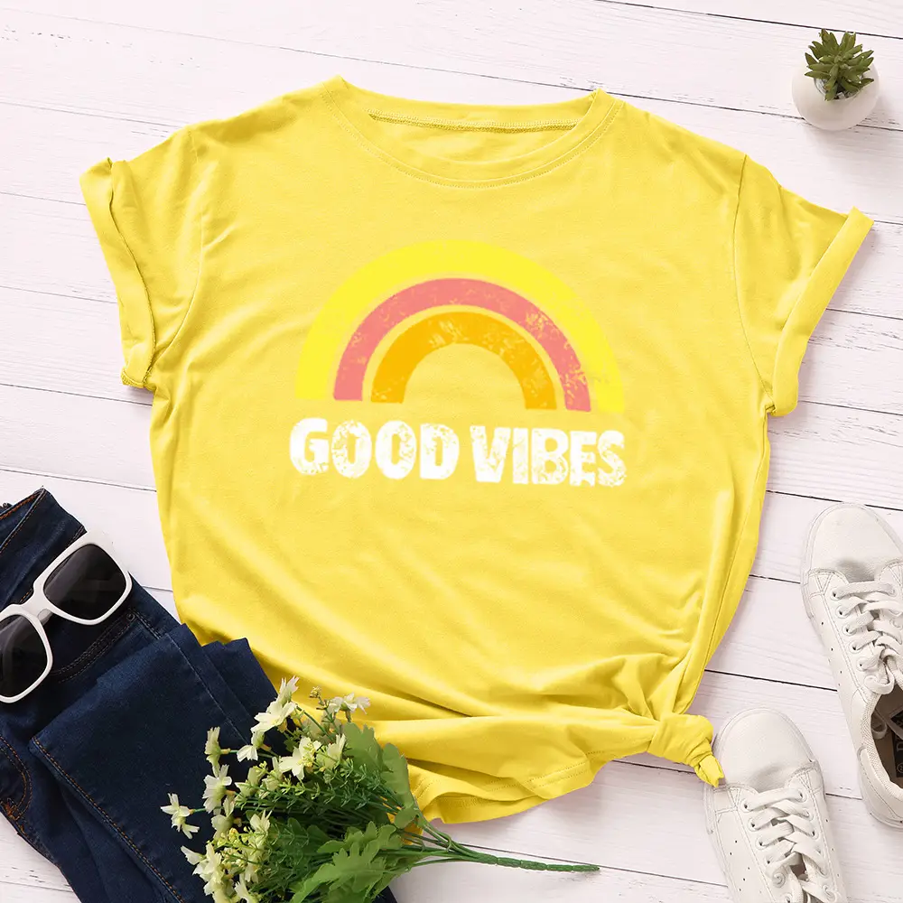 Women Grey T-Shirt Good Vibes Rainbow Print