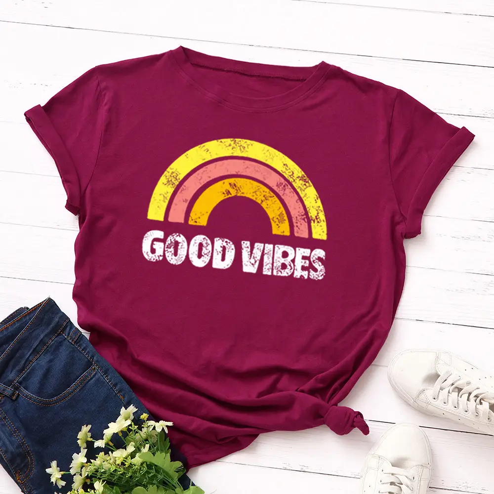 Women Grey T-Shirt Good Vibes Rainbow Print