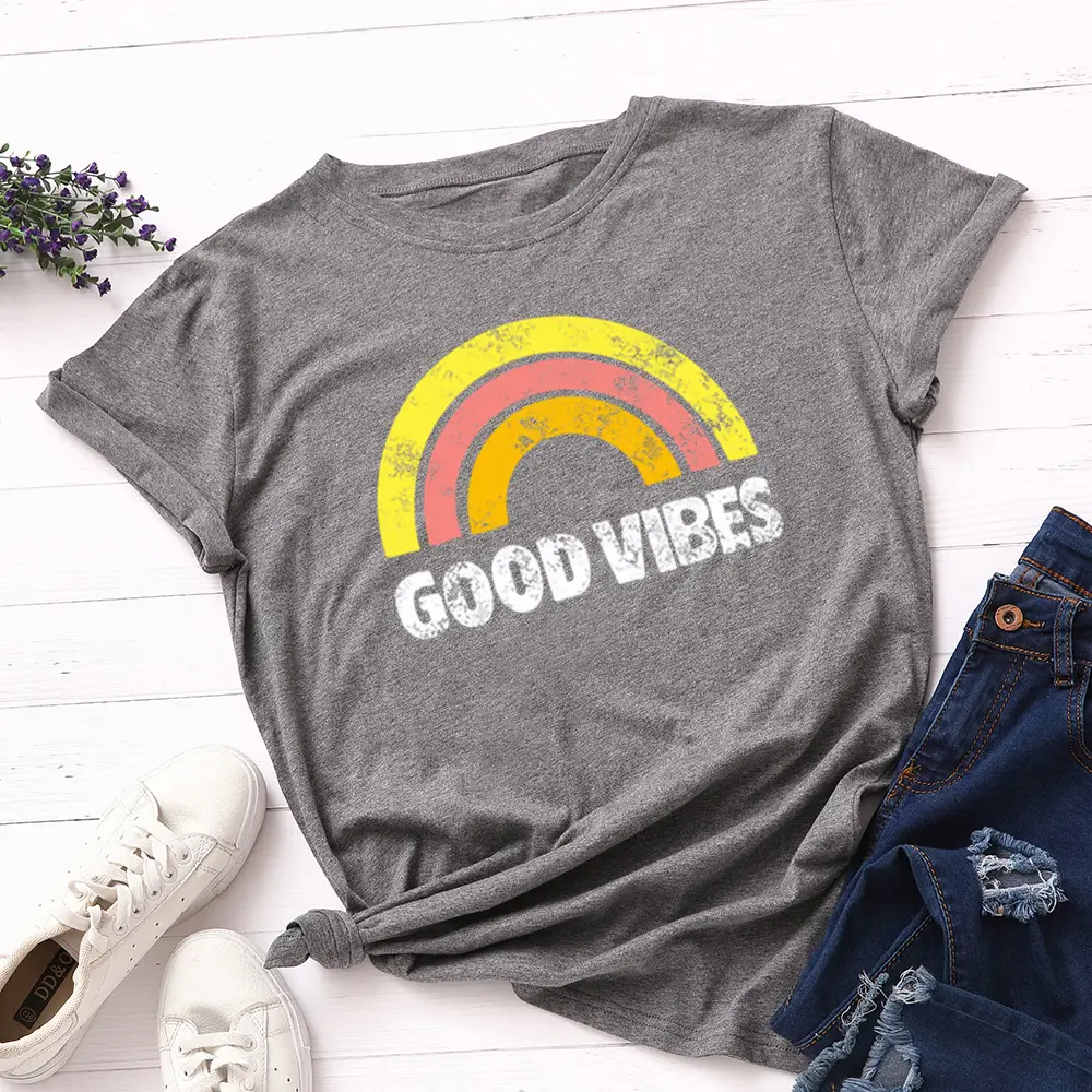 Women Grey T-Shirt Good Vibes Rainbow Print