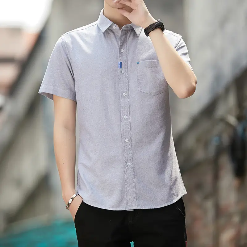 Men White Short Sleeve Cotton Oxford Shirt with Pocket