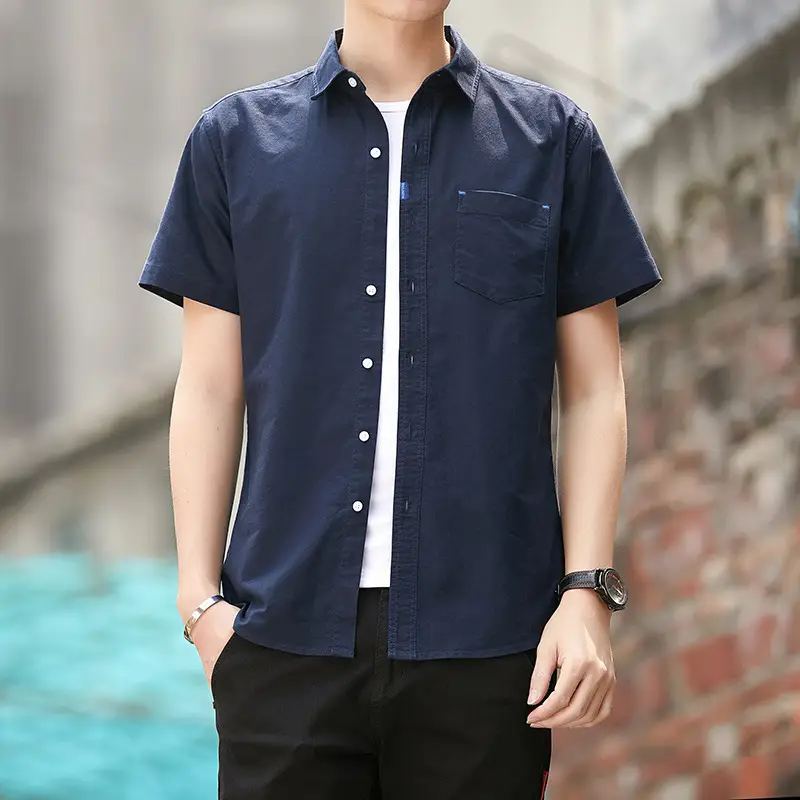 Men White Short Sleeve Cotton Oxford Shirt with Pocket