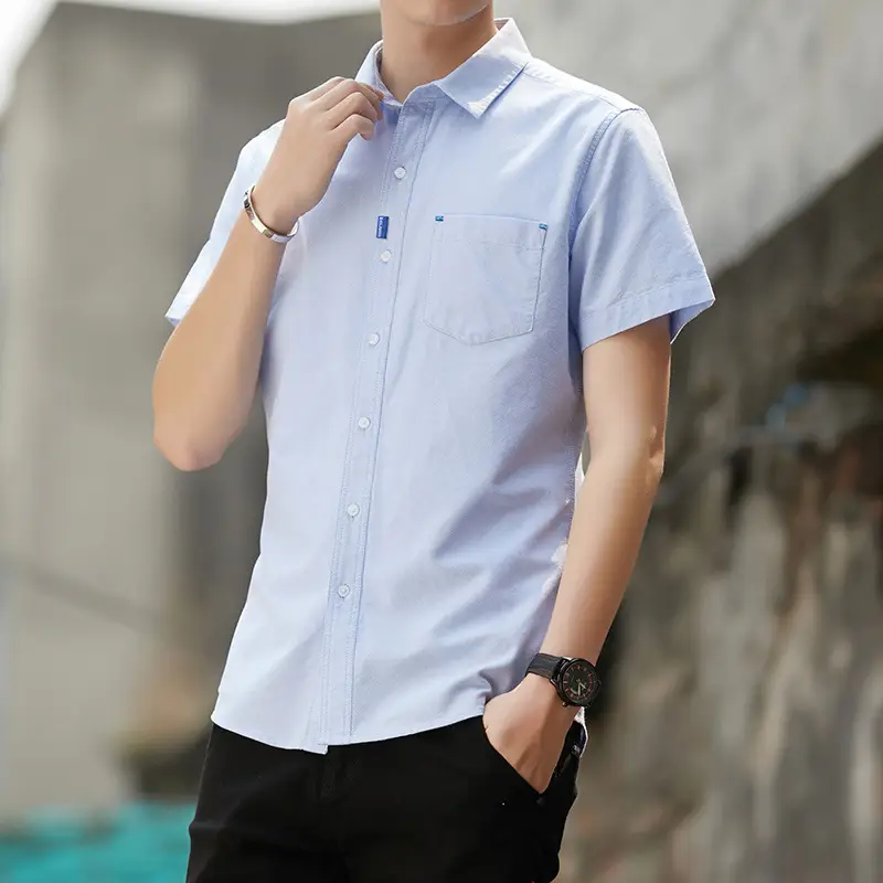 Men White Short Sleeve Cotton Oxford Shirt with Pocket
