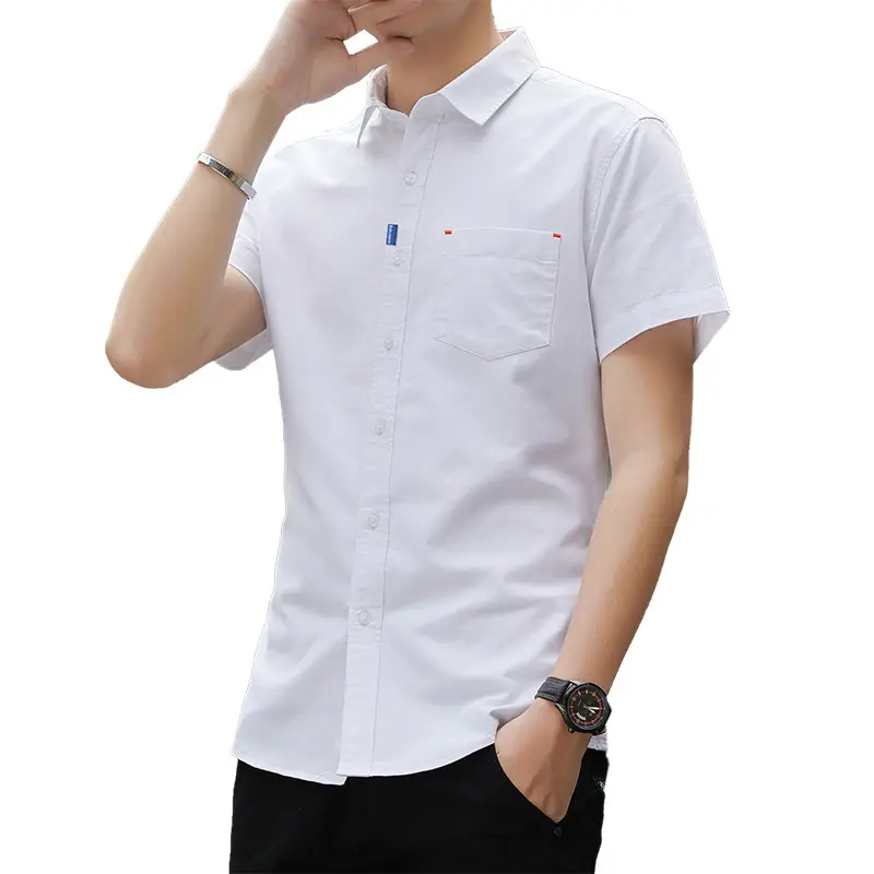 Men White Short Sleeve Cotton Oxford Shirt with Pocket