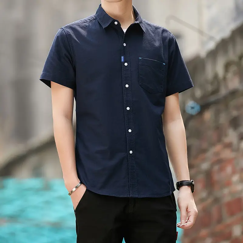 Men White Short Sleeve Cotton Oxford Shirt with Pocket