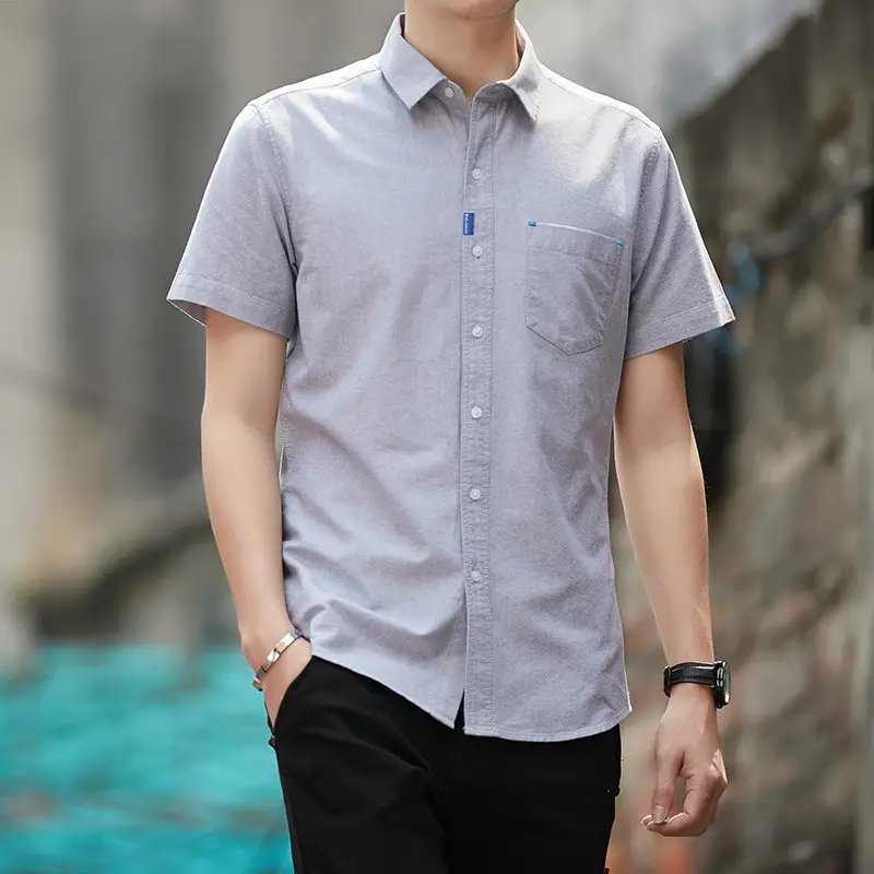 Men White Short Sleeve Cotton Oxford Shirt with Pocket