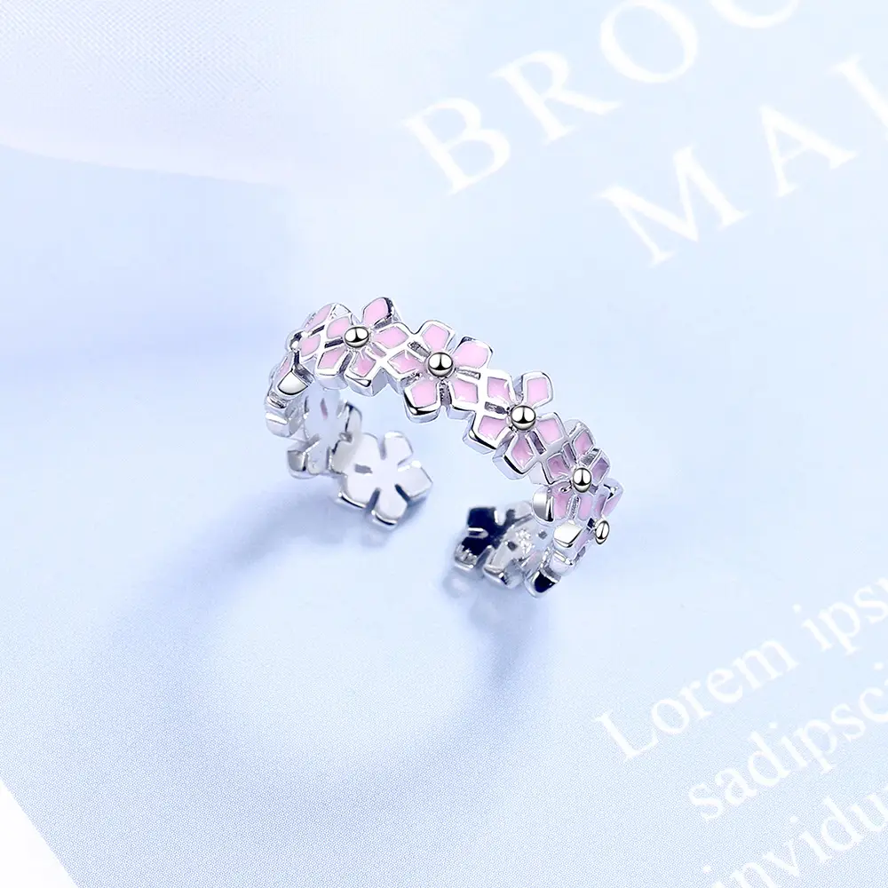Women Korean Flower Leaf Pink Glue Drop Ring
