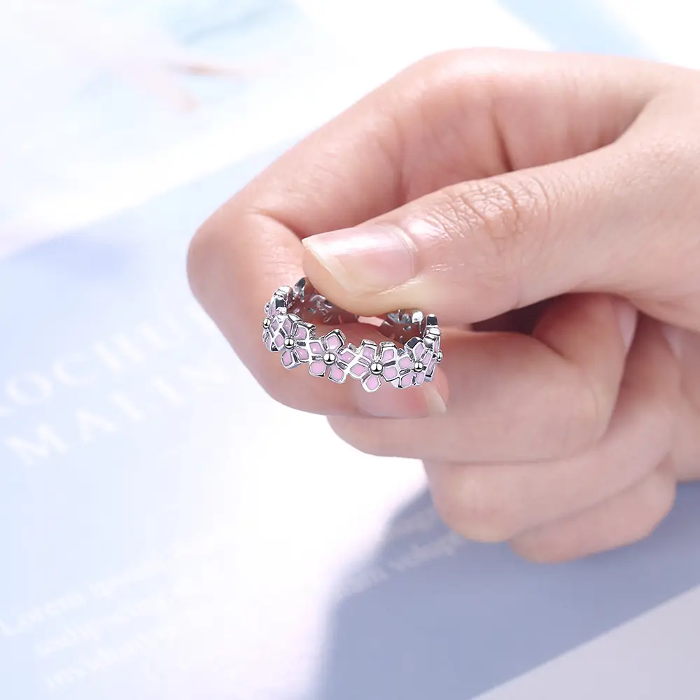 Women Korean Flower Leaf Pink Glue Drop Ring