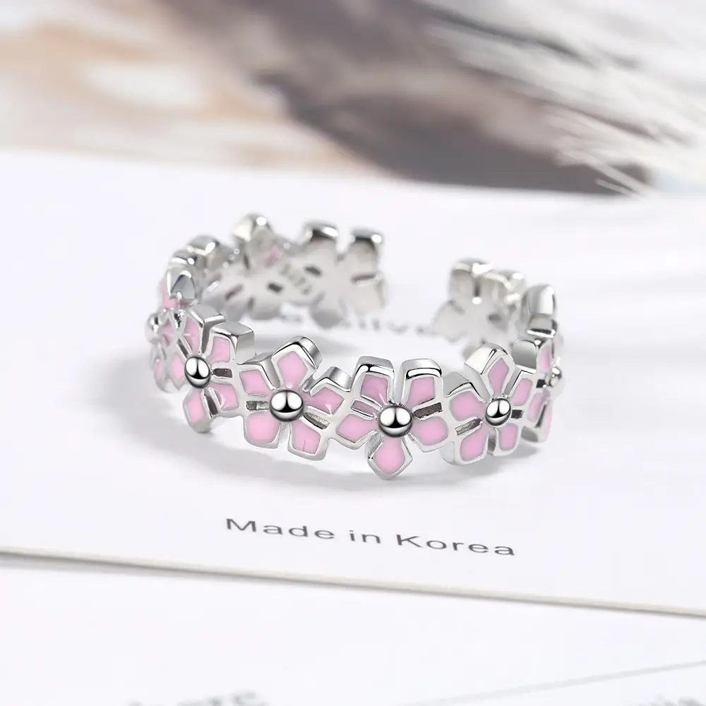 Women Korean Flower Leaf Pink Glue Drop Ring