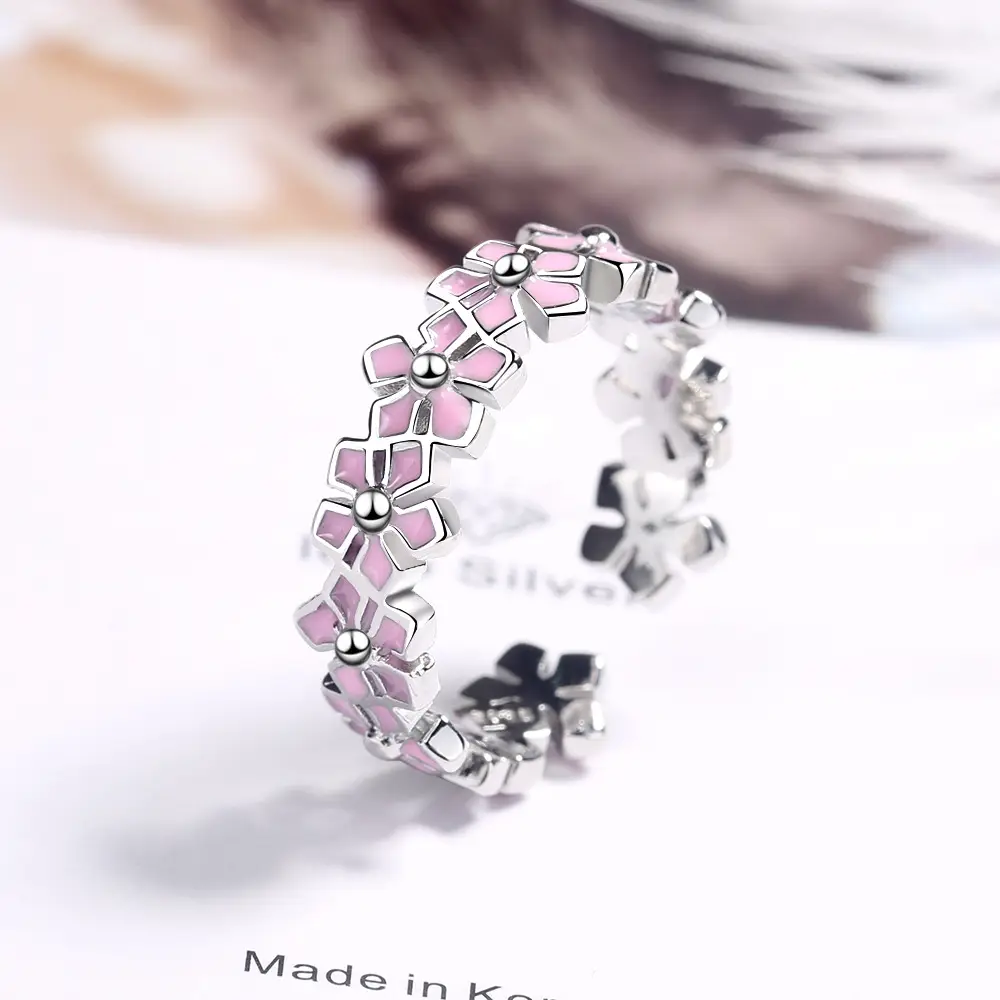 Women Korean Flower Leaf Pink Glue Drop Ring