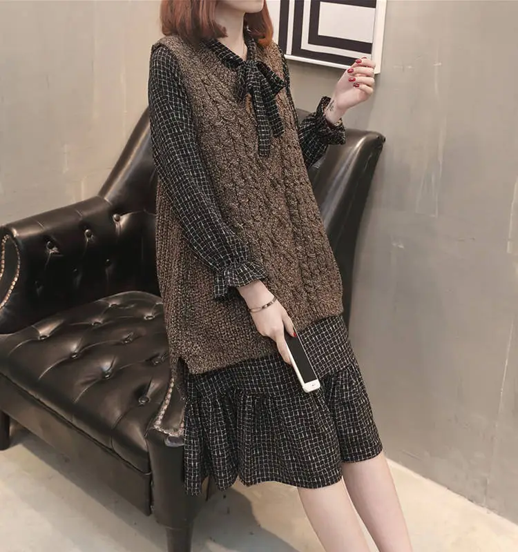 Plus Size New Korean Sweater Vest Dress Brown Black
