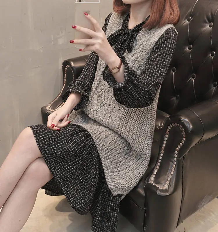 Plus Size New Korean Sweater Vest Dress Brown Black