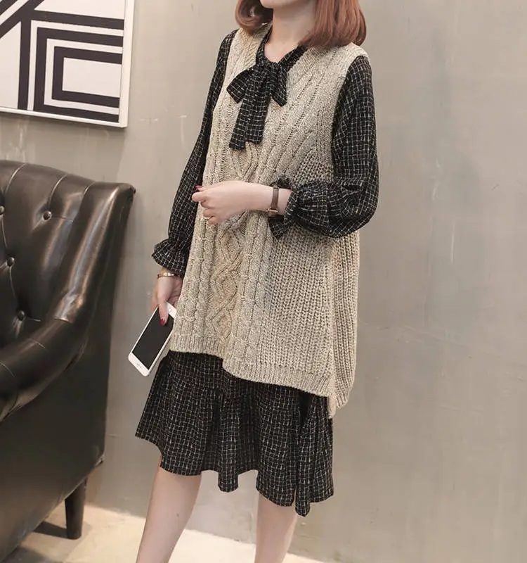 Plus Size New Korean Sweater Vest Dress Brown Black