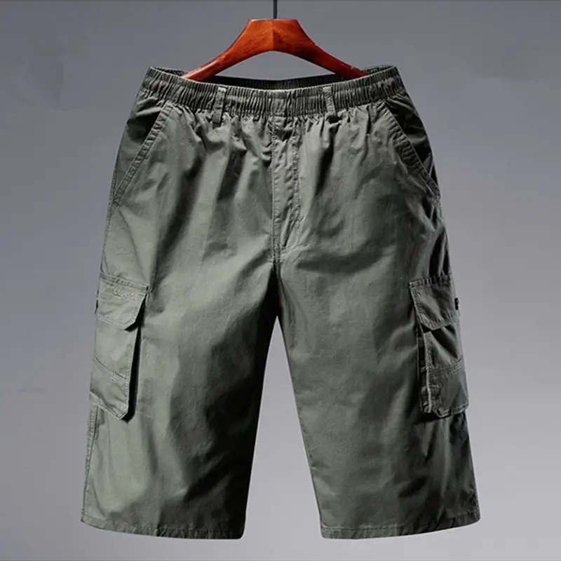 Men Cotton Cropped Bag Pants Olive Green Belt Buckle Large - Image 4