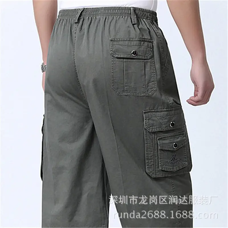 Men Cotton Cropped Bag Pants Olive Green Belt Buckle Large - Image 6