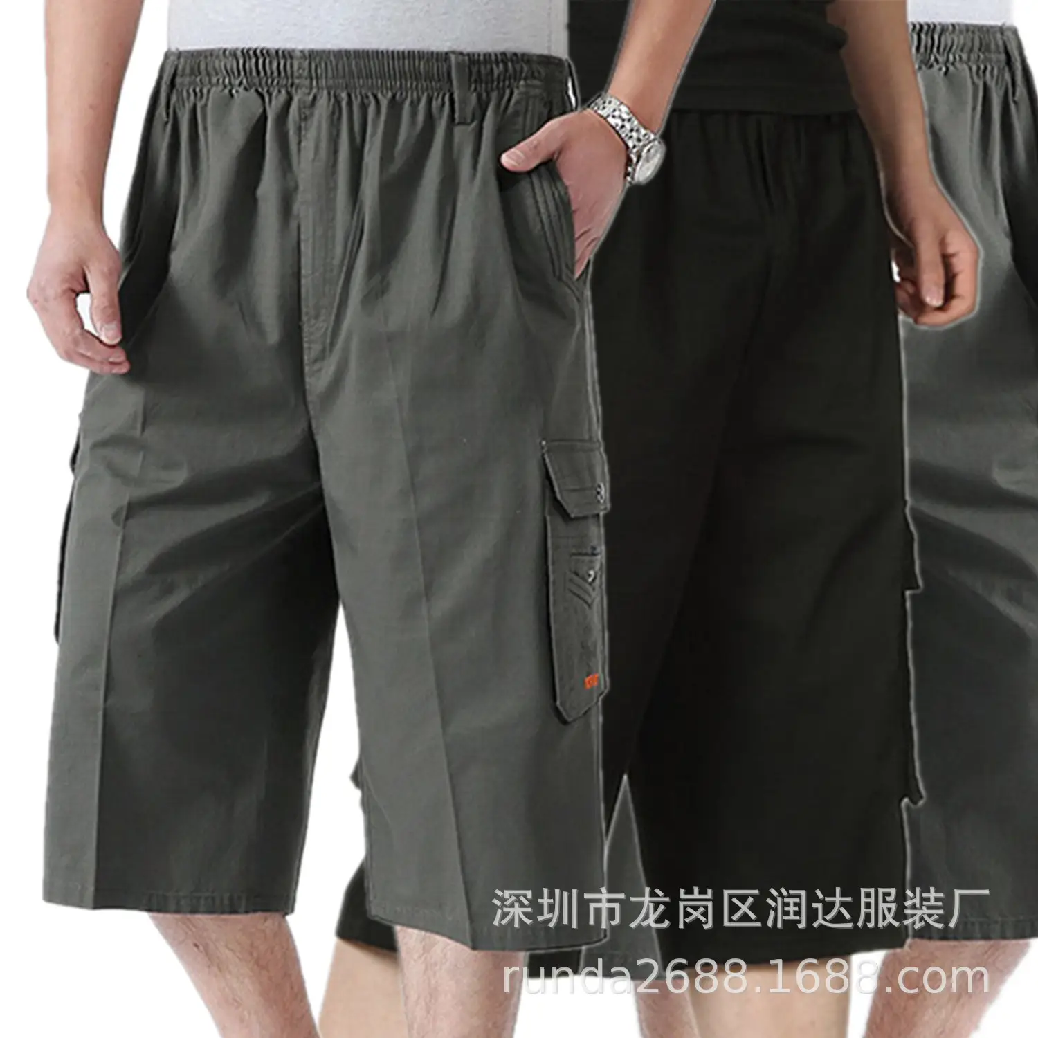 Men Cotton Cropped Bag Pants Olive Green Belt Buckle Large - Image 7