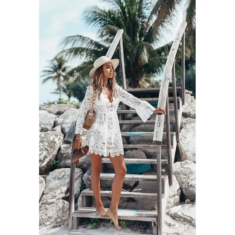White Lace Long Sleeve V-Neck Dress for Women - Image 4