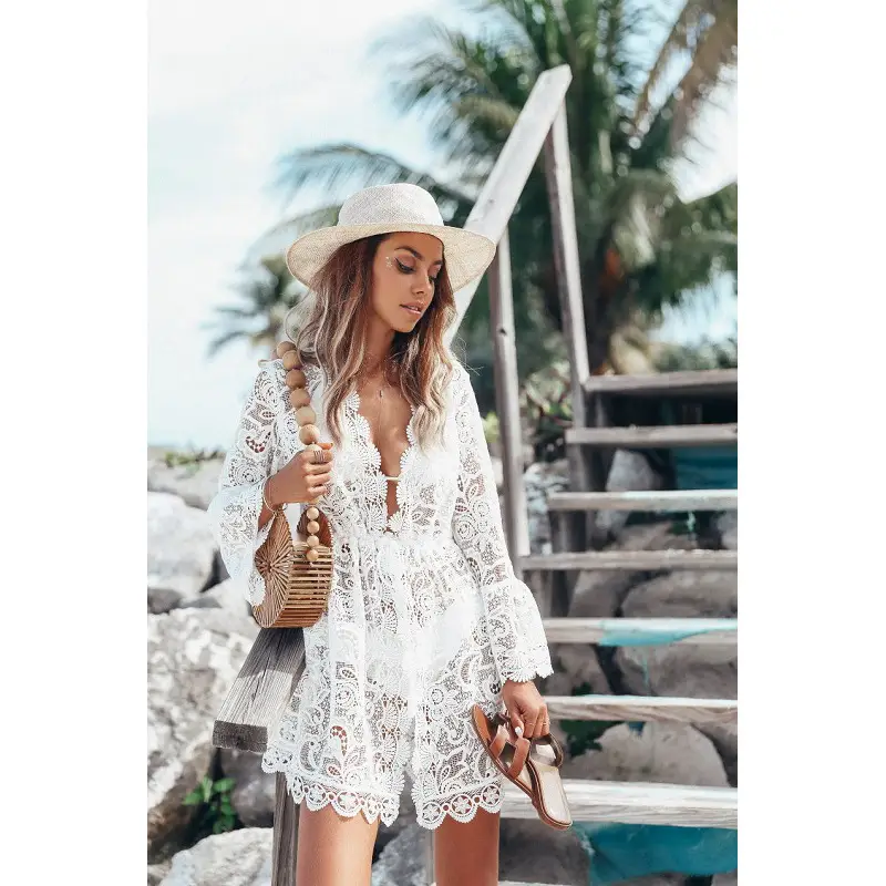 White Lace Long Sleeve V-Neck Dress for Women - Image 5