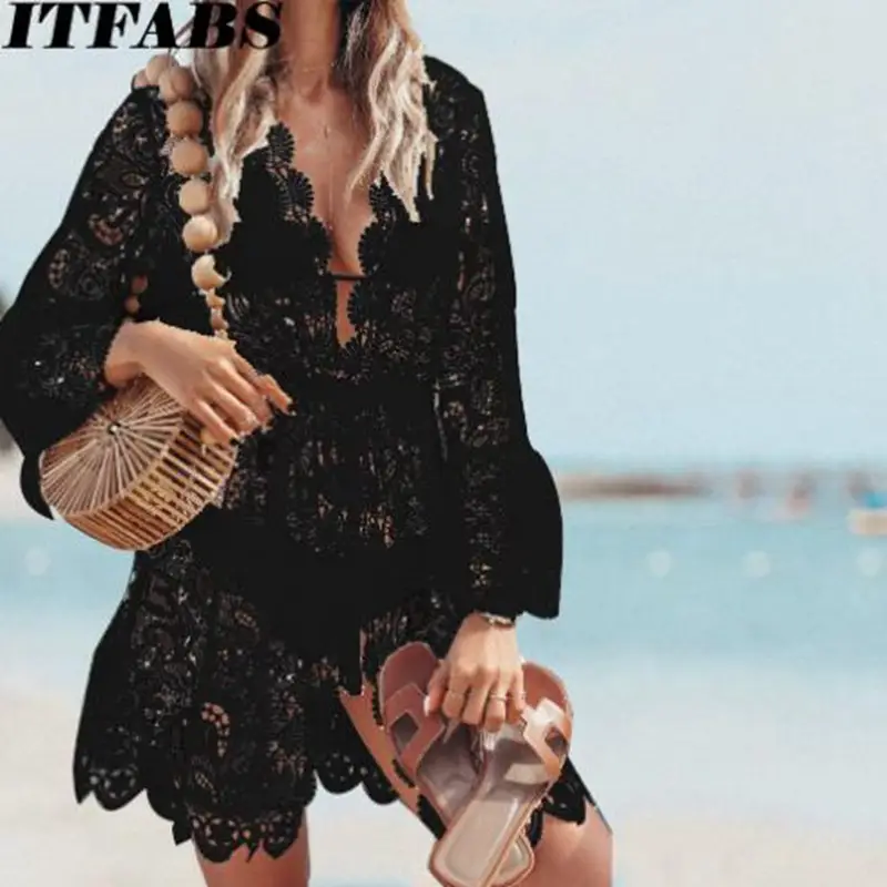 White Lace Long Sleeve V-Neck Dress for Women - Image 2