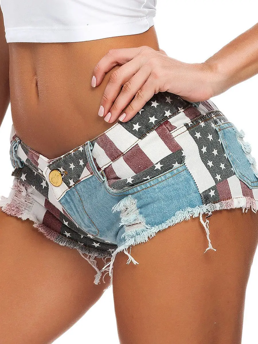 Women's American Flag Denim Shorts Low Waist Ripped