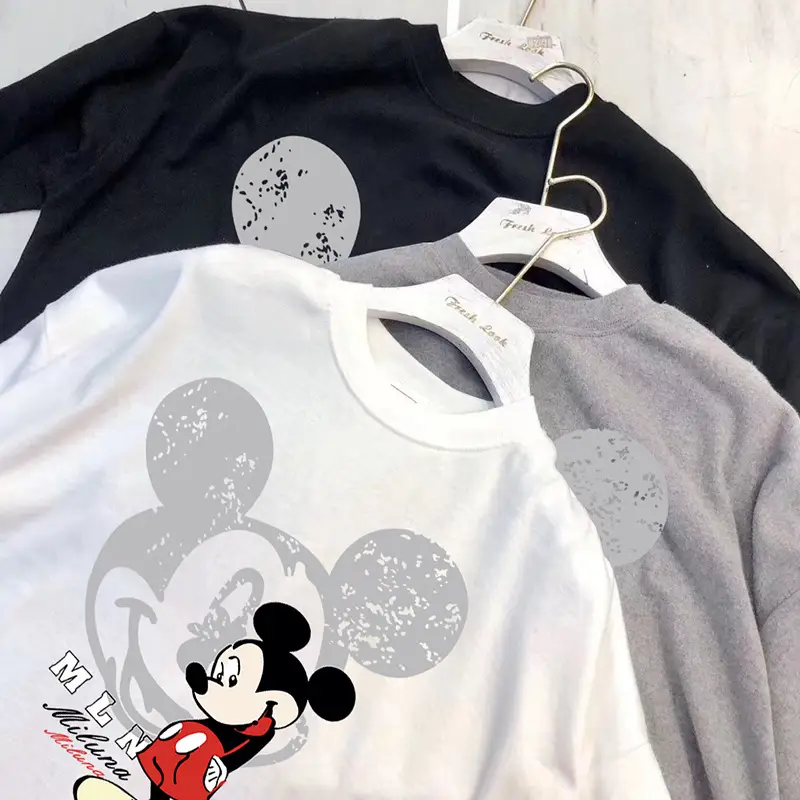 Women White Mickey Mouse Printed T-Shirt Short Sleeve - Image 2