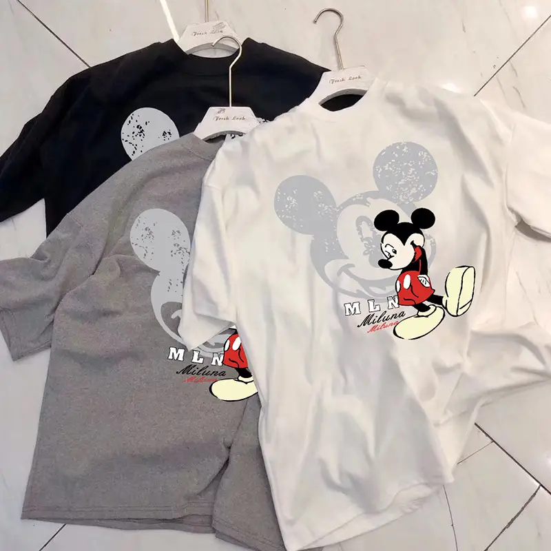 Women White Mickey Mouse Printed T-Shirt Short Sleeve - Image 3